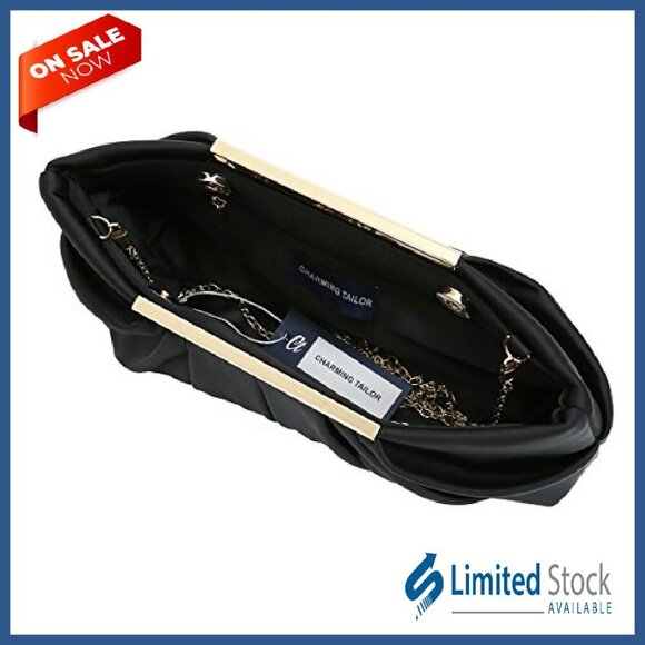 Pleated Satin Evening Clutch with Detachable Chain, Magnetic Closure